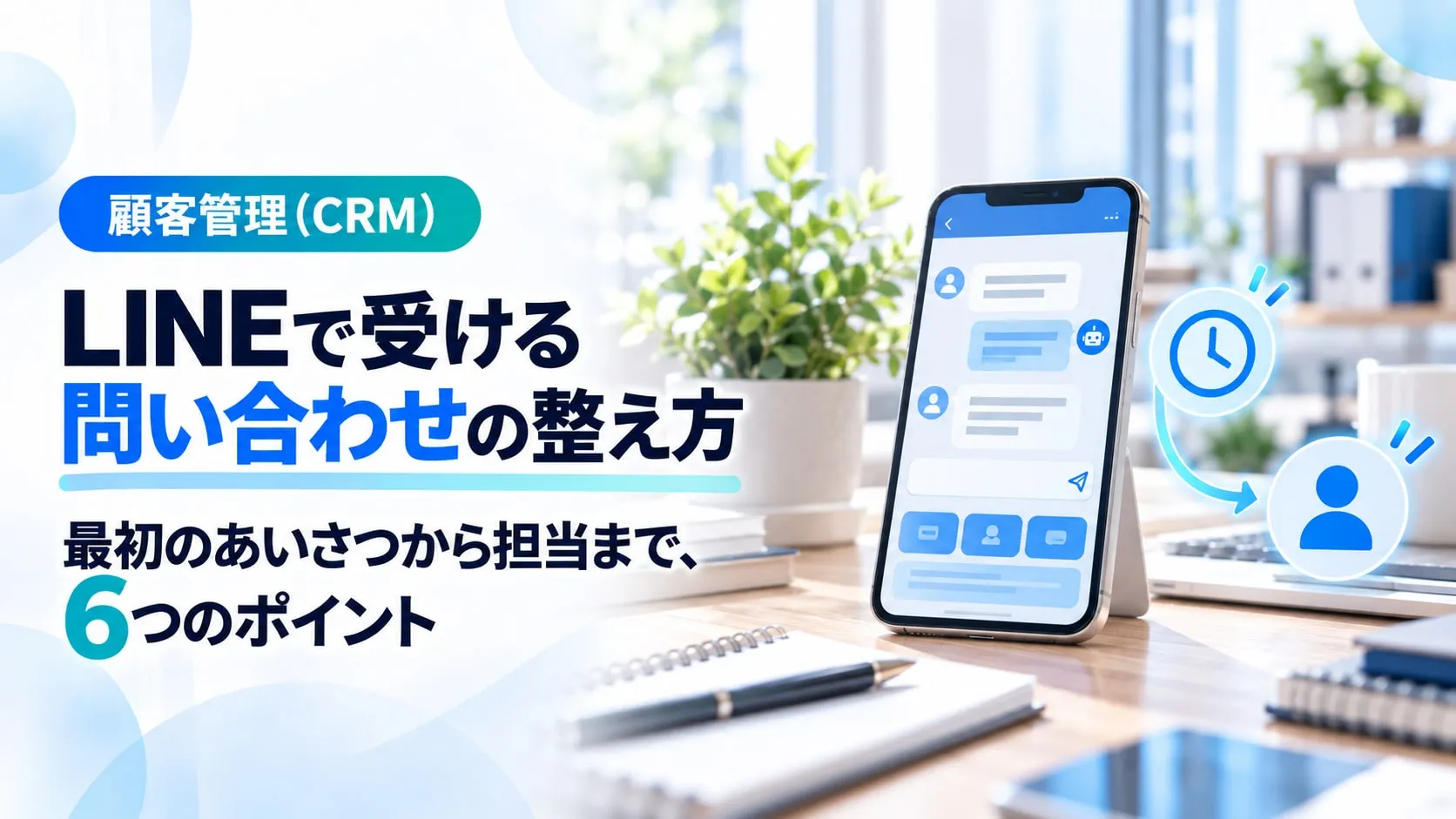 LINEで受ける問い合わせの整え方。最初のあいさつから担当まで、6つのポイント（顧客管理）。チャット画面のスマートフォンと、時計・担当者のアイコンの画像